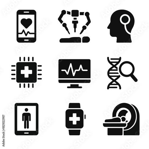 Medical technology icons: ai, robotics, dna, heartbeat, health devices