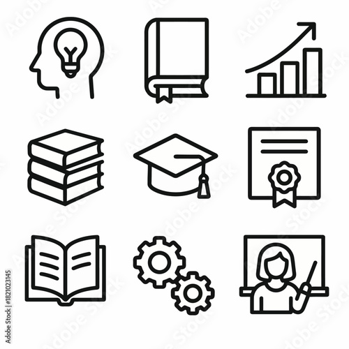 Education icons: learning symbols of books, graph, knowledge, and teaching