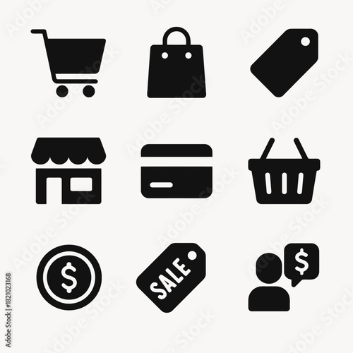 Shopping and e-commerce icons set: cart, bag, tag, store, credit card, sale, currency