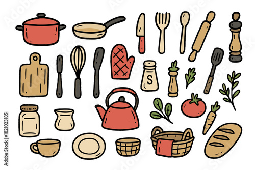 Collection of kitchen utensils and appliances, including a tea kettle