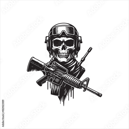 Skull Soldier Vector Logo Illustration with Rifle and Tactical Gear