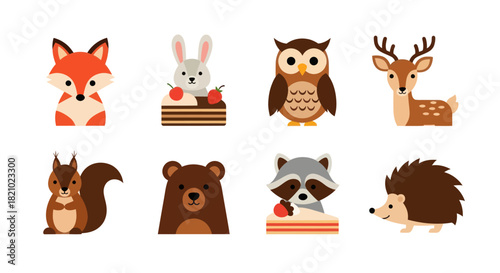 Cartoon forest animals collection fox rabbit owl deer squirrel bear raccoon hedgehog