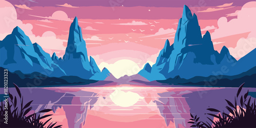 A tropical island beach landscape illustration with palm trees, blue sky, ocean water, and sand under the summer sunTropical island sunset over the ocean with evening clouds in the blue sky and palm t