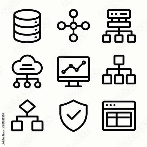 Network and data infrastructure icons: server, cloud, security, hierarchical diagrams and connections