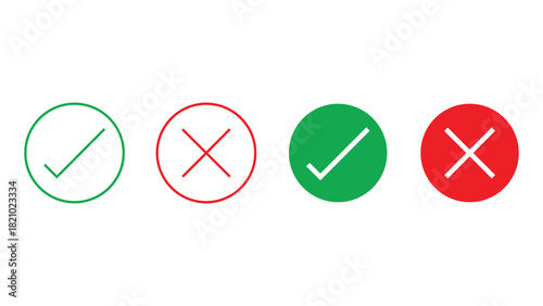Check Mark and Cancel Button Icon Sign and Symbol, vector Art Doodle Design element, Check Tick Black Green and red color, 