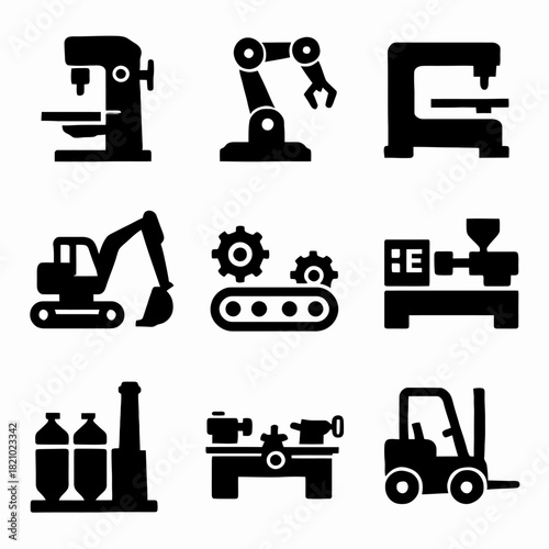 Industrial equipment icons: machinery, robotics, and manufacturing tools