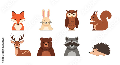 Cartoon forest animals illustration fox rabbit owl squirrel deer bear raccoon hedgehog