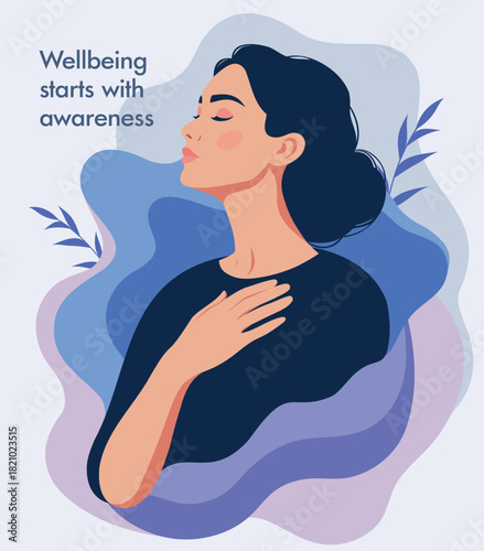 Vector illustration of a woman in profile, hand on heart, eyes closed. Abstract blue, purple, leaves. Harmony, clear mind, tranquility. Poster for medical projects, mindfulness, women's mental health