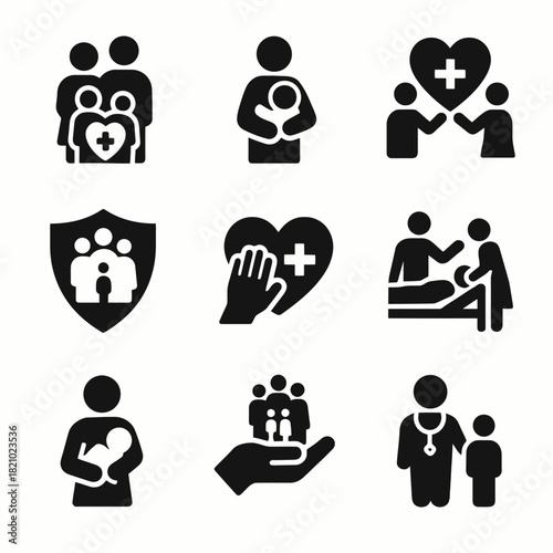 Healthcare icons set featuring family, support, medical care, and health symbols