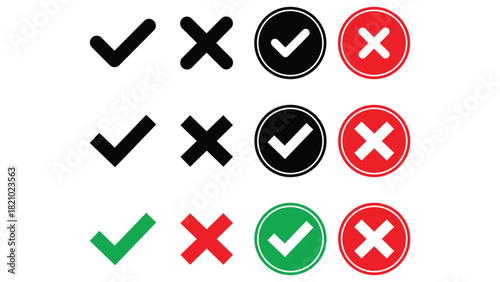 A set of Check Mark and Red Cross Icon Sign and Symbol, eps vector Illustration Design, 