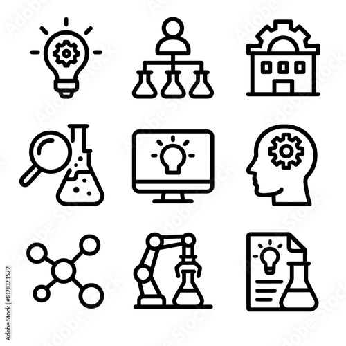 Innovative science and technology icons set for research and development