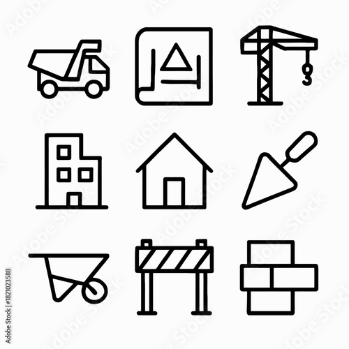 Construction icons set featuring tools, buildings, and equipment