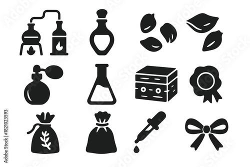 Early Perfume Craft Icons. Solid style icons of Early Perfume Craft: Distiller, Glass Bottle, Rose Petals, Perfume Atomizer, Oil