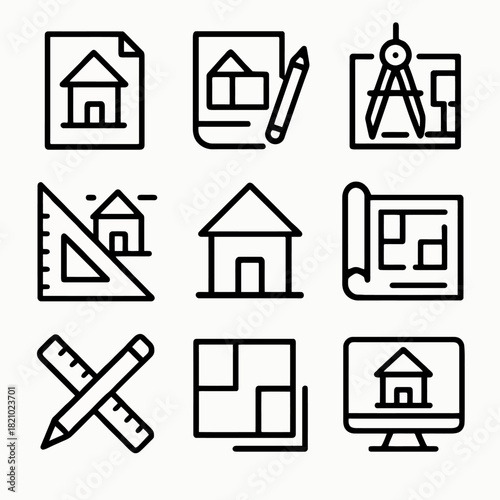 Architectural design icons featuring tools and blueprints