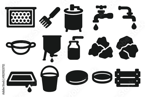 Honey Harvest Icons. Solid style icons of Honey Harvesting: frame of honey, uncapping fork, extractor drum, honey flowing tap,