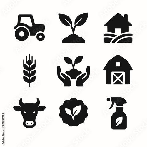 Agriculture icons: tractor, sprout, farmhouse, wheat, barn, cow, sustainability, farming equipment