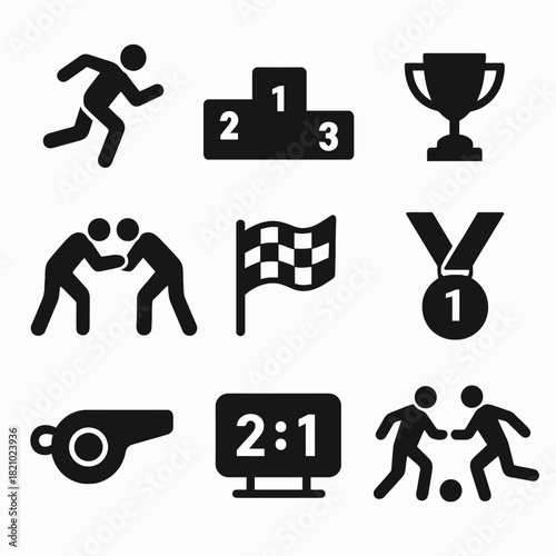 Sports icon set: running, wrestling, trophy, medal, whistle, score, soccer