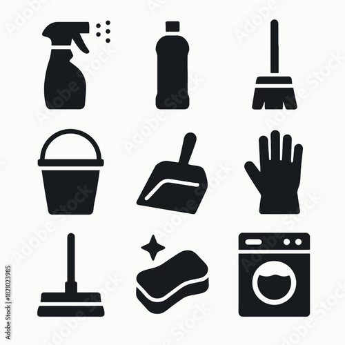 Set of essential cleaning icons: spray bottle, broom, bucket, glove, sponge, washing machine