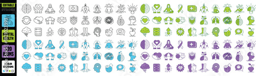 Mental health and well-being flat line icons set outlining essential concepts in psychology emotional balance and self-care practices in daily life