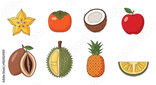 Cartoon fruits collection with starfruit persimmon coconut apple and more