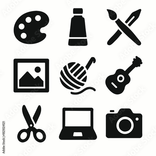 Creative hobby icons set: art, music, photography, crafts, digital tools