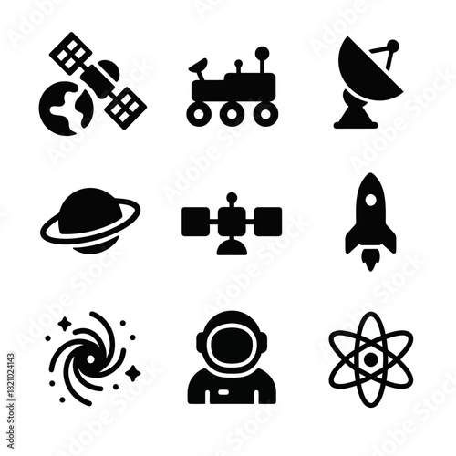 Space exploration icons set: satellite, rover, telescope, rocket, astronaut, atom, and galaxy