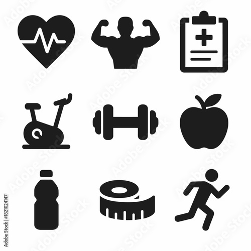 Health and fitness icons: exercise, nutrition, and wellness symbols