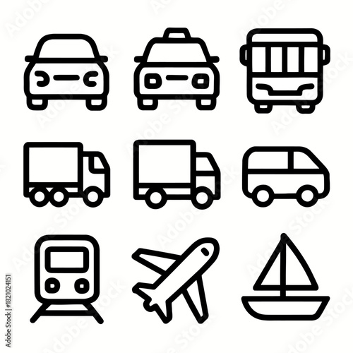 Set of nine simple transportation icons featuring land, air, and sea vehicles