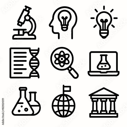 Science icons set featuring microscope, dna, atom, and laboratory equipment