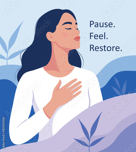 Vector illustration woman in profile, hand on heart, eyes closed, looking upward. Harmony, clear mind, calm. Colors blue, purple, white. Use for medical projects, mindfulness, women's mental health