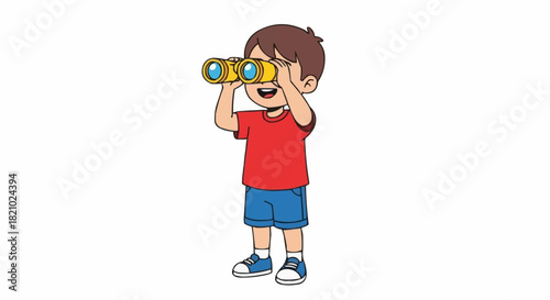 Young boy enthusiastically using binoculars to observe something interesting.