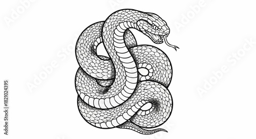 Hand drawn coiled serpent with detailed scales illustration.