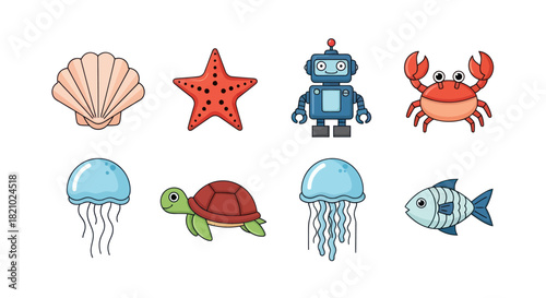 Cartoon ocean creatures set shell starfish robot crab jellyfish turtle fish