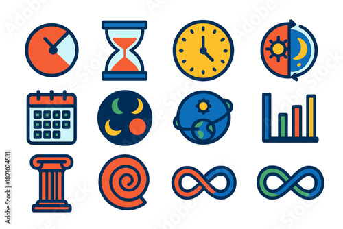 Time Icons Collection. Flat vector icons of time measurement units: second symbol, minute sandglass, hour clock face, day-night