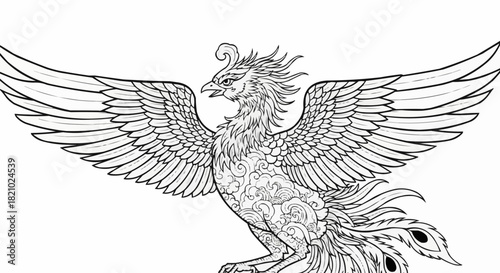 Detailed Line Art of a Majestic Phoenix Bird.