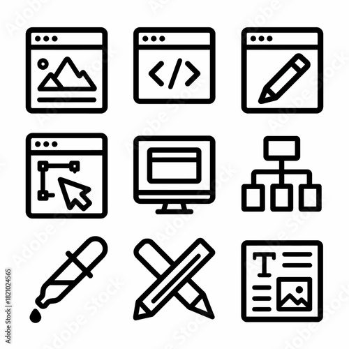 Web development icons set: design, coding, structure, tools