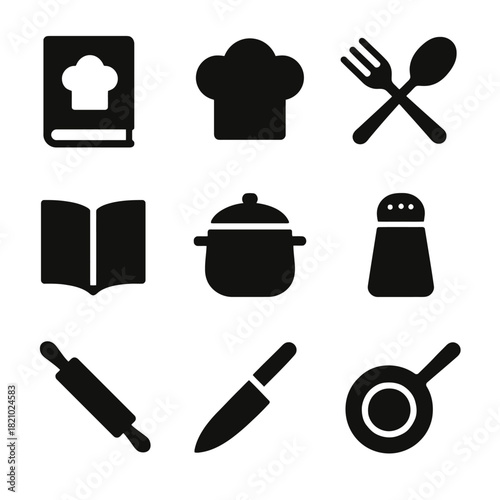 Culinary icons: cookbook, chef hat, dining utensils, pot, salt shaker, rolling pin, knife, frying pan