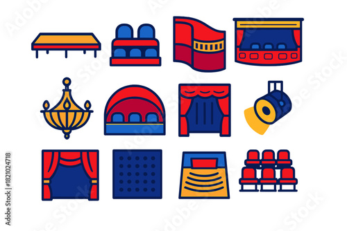 Concert Hall Icons. Flat vector icons of concert hall design: stage platform, orchestra pit, balcony seating, grand chandelier,