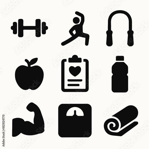 Fitness icons: dumbbell, yoga, jump rope, apple, health chart, water bottle, muscle, scale, mat