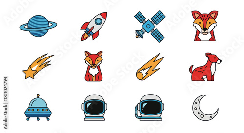 Cartoon space elements rocket planet satellite fox meteor astronauts