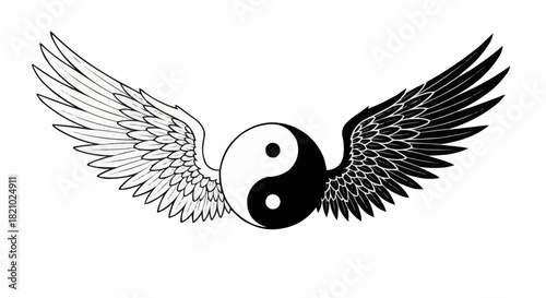 Yin Yang symbol with wings representing balance and harmony.