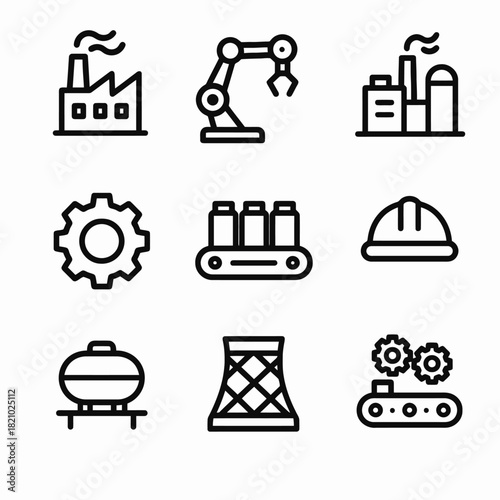 Industrial icon set: factory, robot arm, gear, conveyor, helmet, tank, cooling tower, machinery