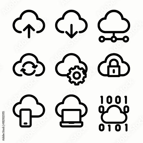 Cloud technology icons: upload, download, security, connectivity, synchronization