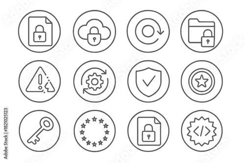 Data Protection Icons. Line style round icons of data protection: file encryption, secure cloud, backup icon, folder lock; data