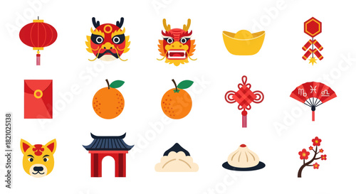 Chinese new year festive icons lanterns dragon heads and decorative elements