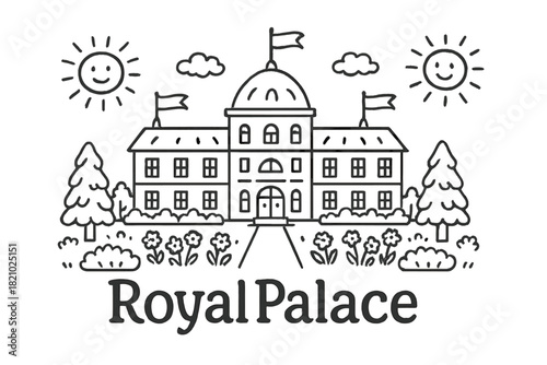 Drawing of a castle with a smiling sun and a flag