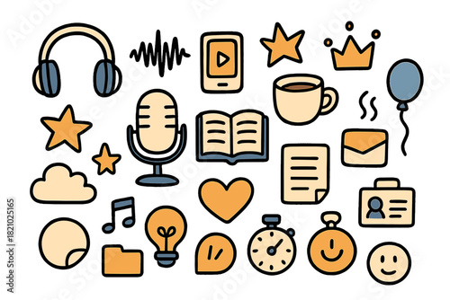 Collection of cartoon icons including a microphone, a book, a cup, a heart