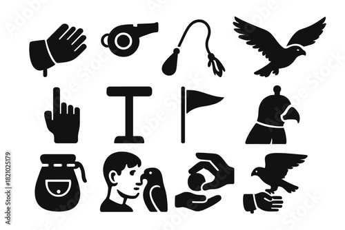 Falconry Training Icons. Solid style icons of Falcon Training: gloved hand, whistle, lure swing, falcon in flight, command gesture