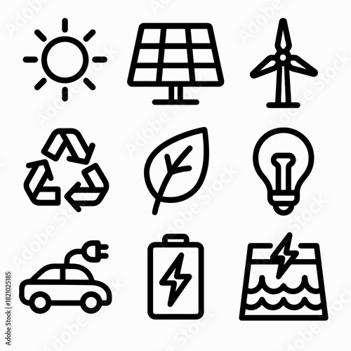 Renewable energy icons depicting solar, wind, and electric power sources