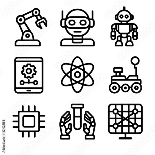 Robotics icons: robot, tablet, atom, rover, chip, test tube, data network